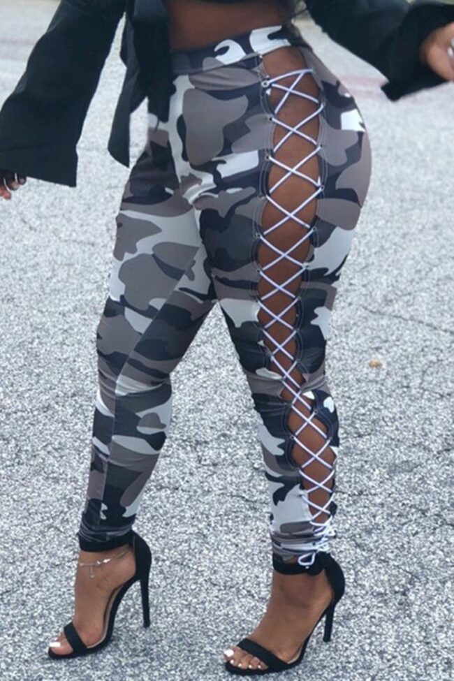 Sexy Casual Camouflage Print Hollowed Out Strap Design Regular Pencil Trousers