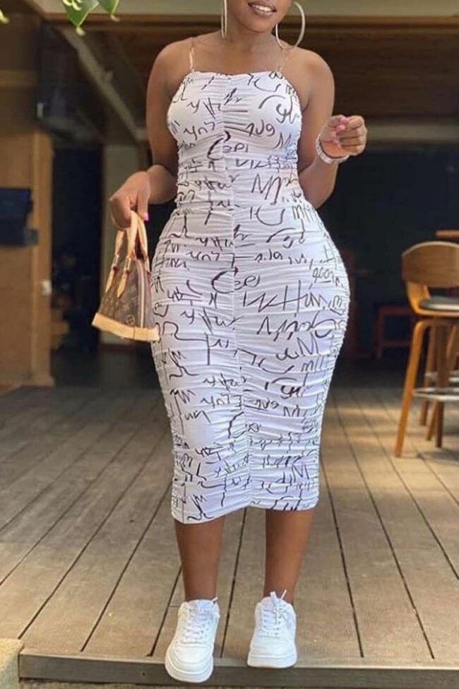 Fashion Sexy Plus Size Print Backless Fold Spaghetti Strap Sleeveless Dress
