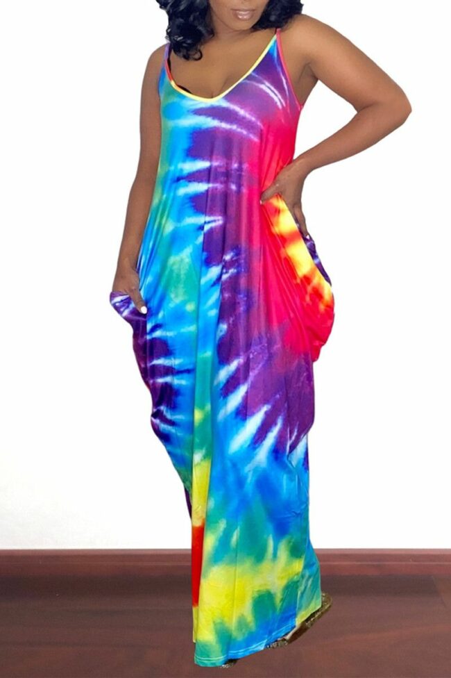 Sexy Casual Print Tie Dye Backless V Neck Sling Dress