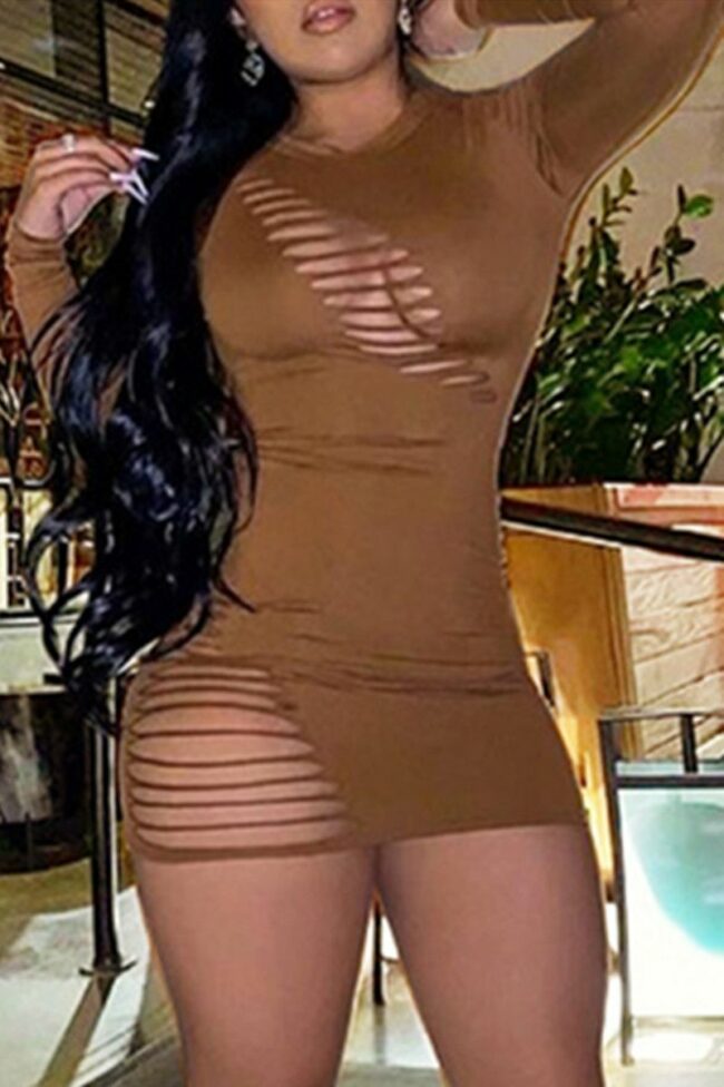 Fashion Sexy Solid Ripped Hollowed Out O Neck Long Sleeve Dresses