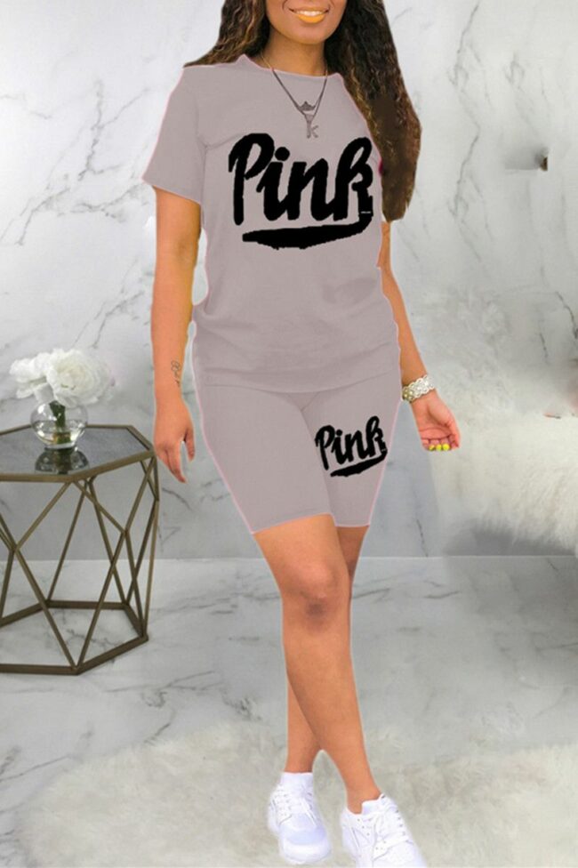 Fashion Casual Letter Print Basic O Neck Short Sleeve Two Pieces