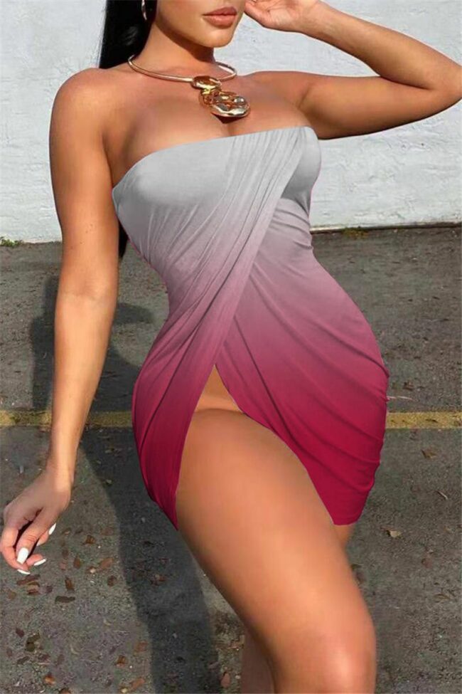 Sexy Print Backless Asymmetrical Strapless Sleeveless Dress