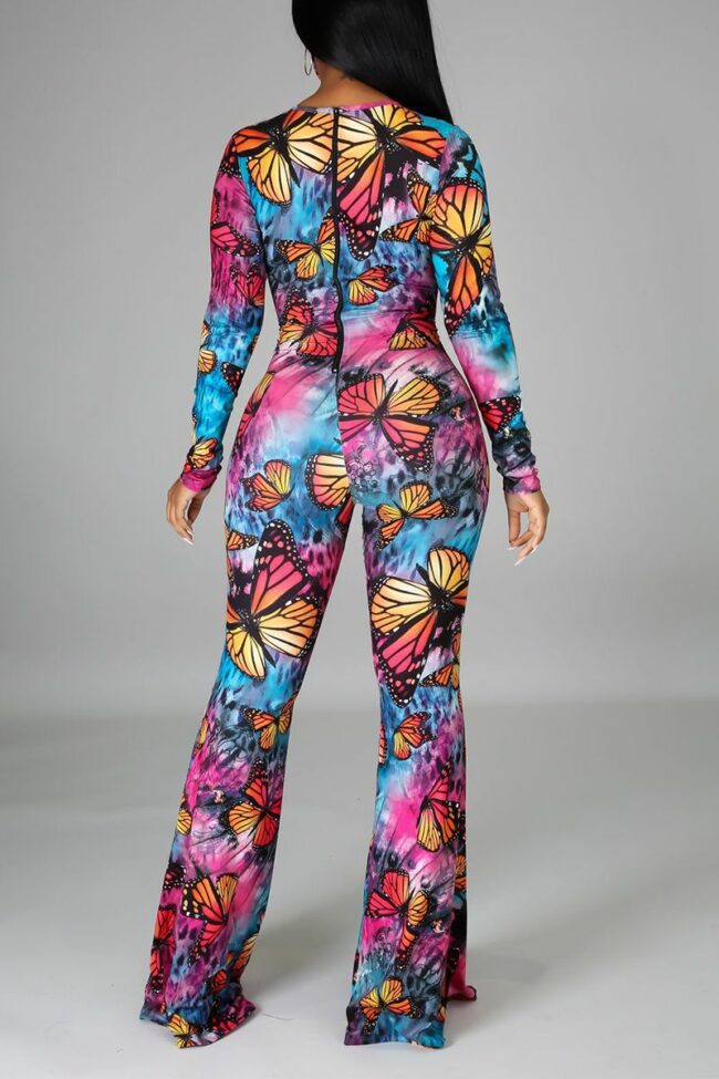 Sexy Print Hollowed Out O Neck Boot Cut Jumpsuits
