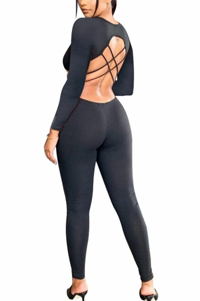 Fashion Sexy Adult Polyester Solid Backless U Neck Skinny Jumpsuits
