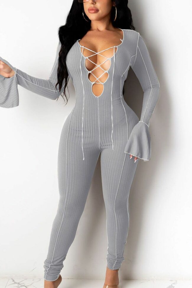 Sexy Polyester Solid Bandage Split Joint O Neck Jumpsuits