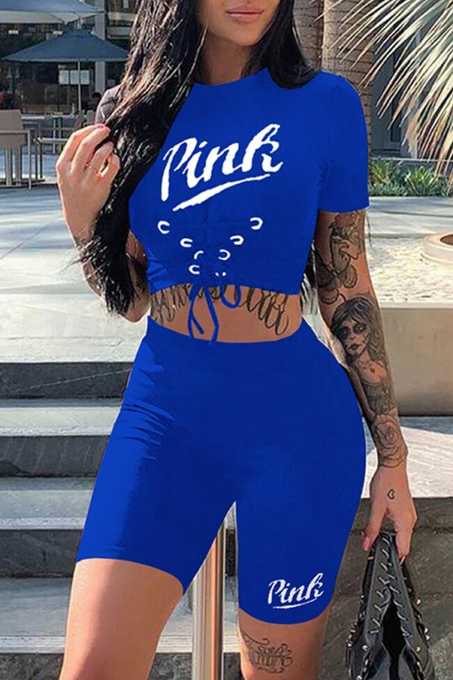 Sexy Casual Letter Print Strap Design O Neck Short Sleeve Two Pieces
