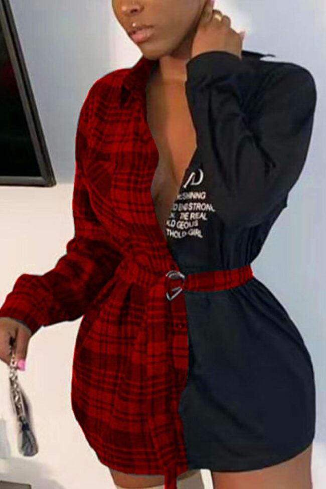 Fashion Sexy Adult Polyester Plaid Patchwork Split Joint With Belt V Neck Long Sleeve Mini Shirt Dress Dresses