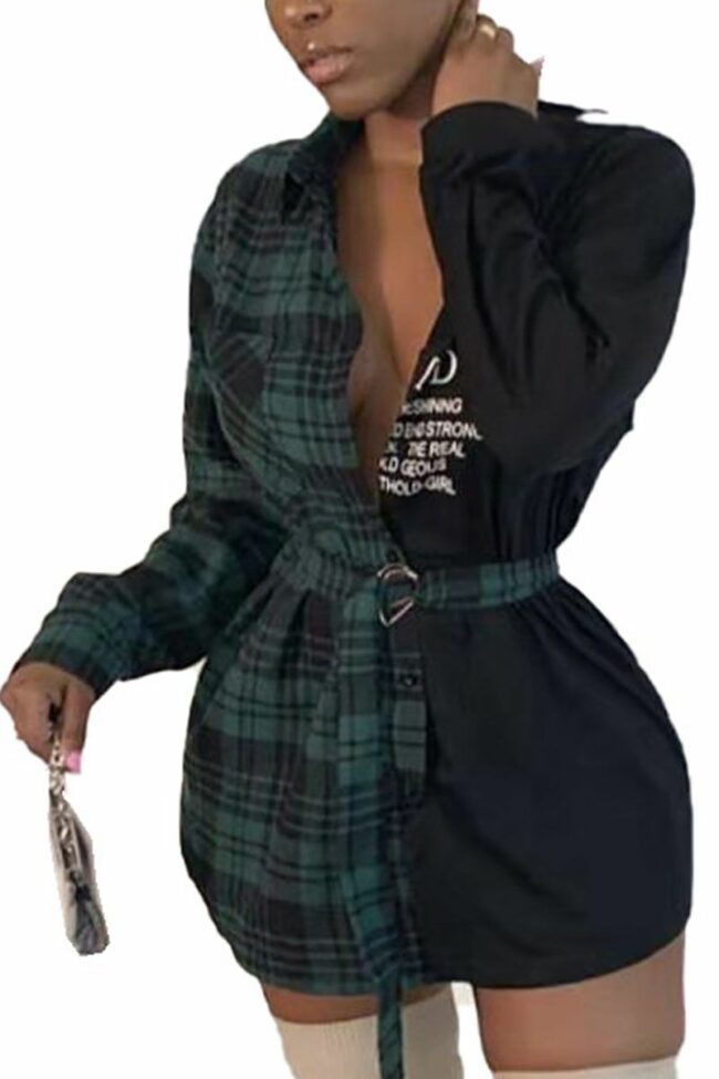Fashion Sexy Adult Polyester Plaid Patchwork Split Joint With Belt V Neck Long Sleeve Mini Shirt Dress Dresses