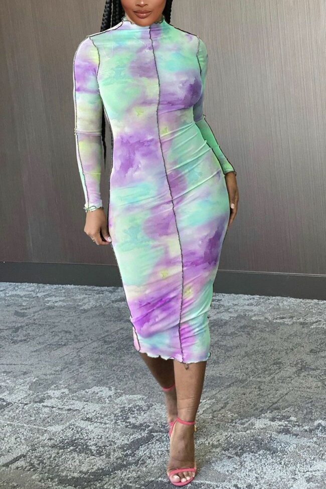 Sexy Daily Polyester Patchwork Print Split Joint Tie-dye Half A Turtleneck Long Sleeve Mid Calf A Line Dresses