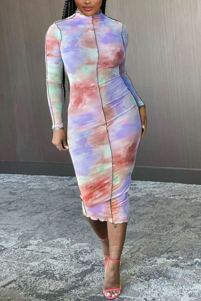 Sexy Daily Polyester Patchwork Print Split Joint Tie-dye Half A Turtleneck Long Sleeve Mid Calf A Line Dresses