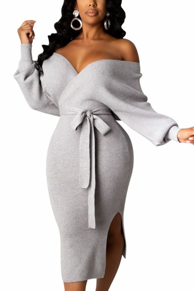 Fashion Adult Elegant Pit Article Fabrics Solid Bandage Backless V Neck Long Sleeve Mid Calf Pencil Skirt Dresses