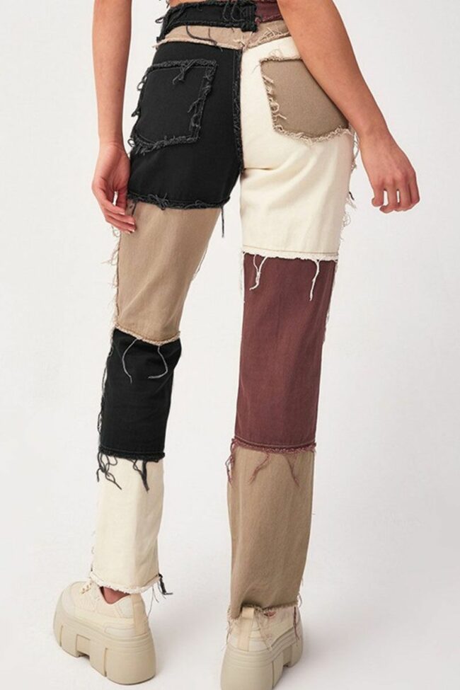 Fashion Casual Street Patchwork Split Joint Buttons Pants High Waist Denim