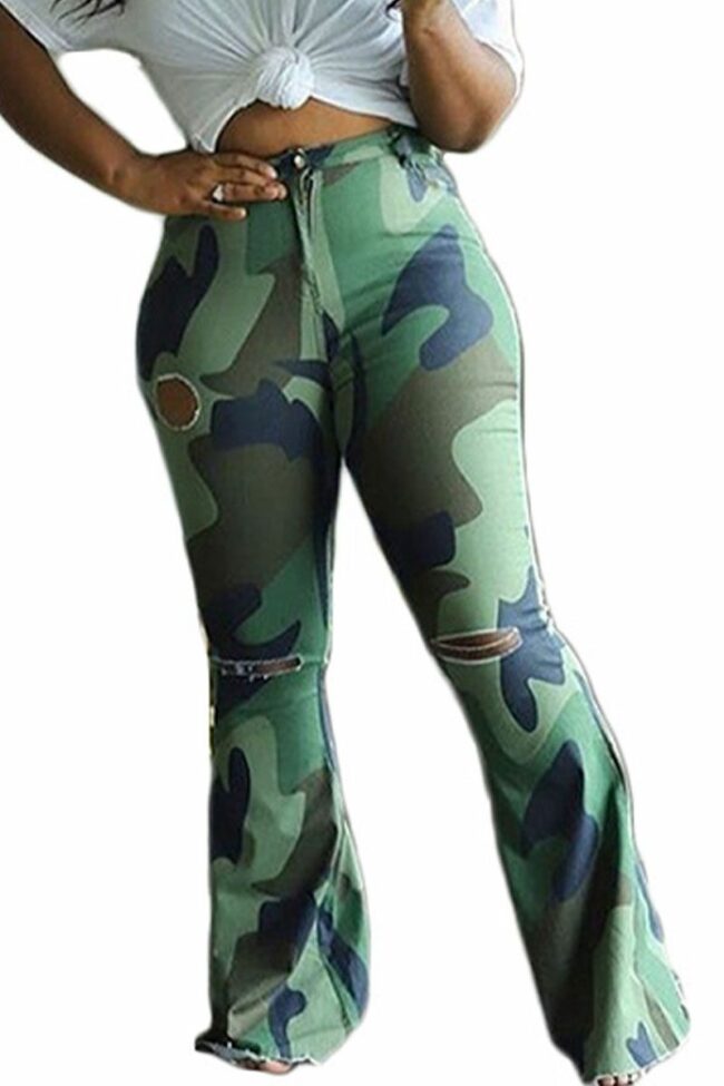 Sexy Camouflage Print Ripped Fold Straight Bottoms