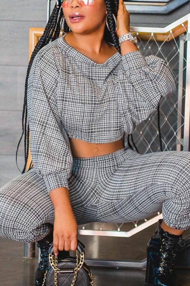 Sexy Plaid Print O Neck Long Sleeve Two Pieces
