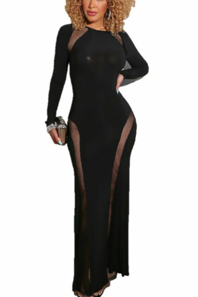 Sexy Polyester Milk Fiber Solid Split Joint See-through O Neck Long Sleeve Ankle Length Pencil Skirt Dresses