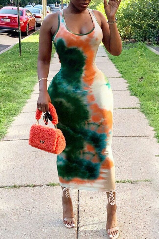 Sexy Tie Dye Hollowed Out Split Joint U Neck Pencil Skirt Dresses