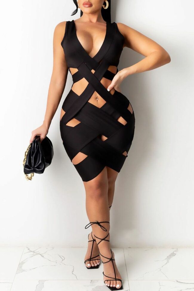Sexy Patchwork Solid Hollowed Out V Neck Asymmetrical Dresses