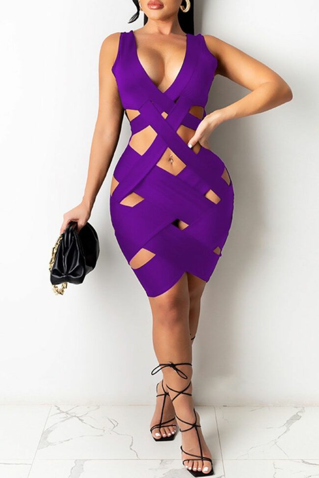 Sexy Patchwork Solid Hollowed Out V Neck Asymmetrical Dresses