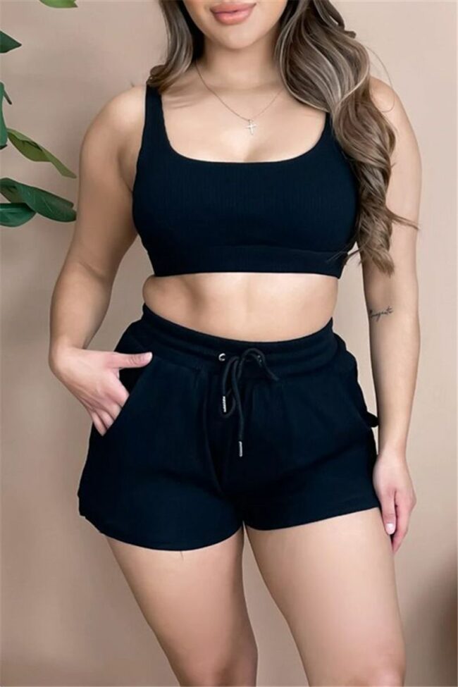 Casual Sportswear Solid Vests U Neck Sleeveless Two Pieces