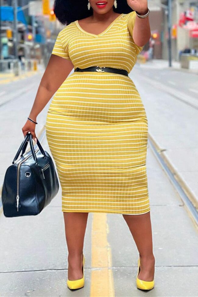 Fashion Casual Plus Size Striped Print Without Belt V Neck Short Sleeve Dress