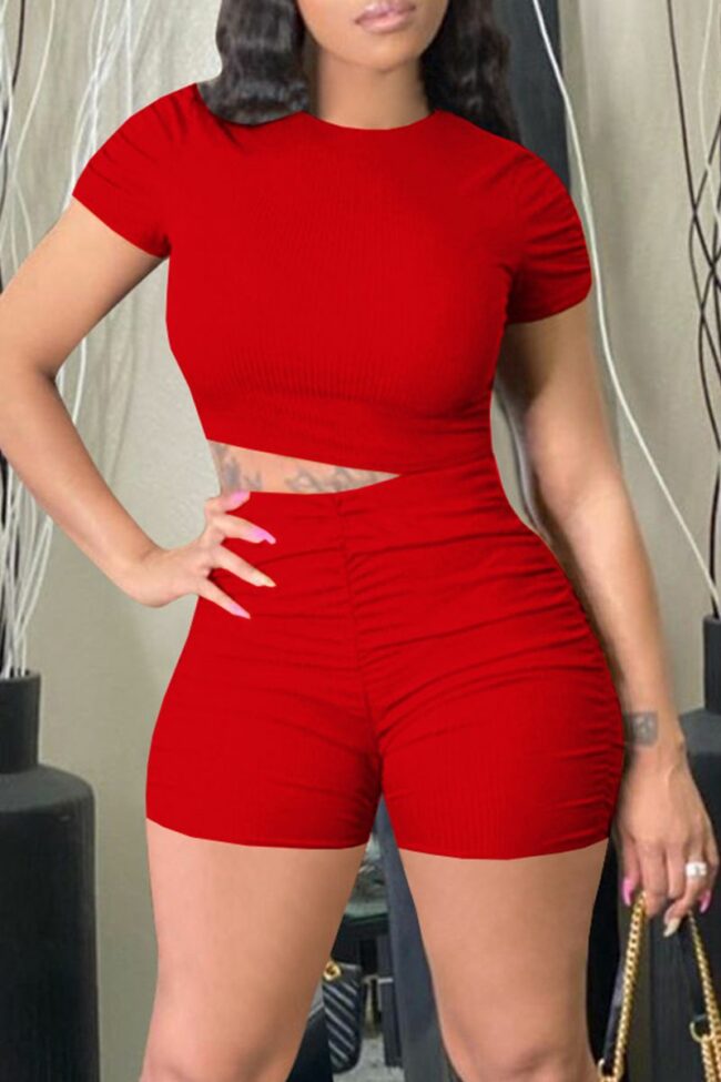 Casual Solid Split Joint O Neck Short Sleeve Two Pieces