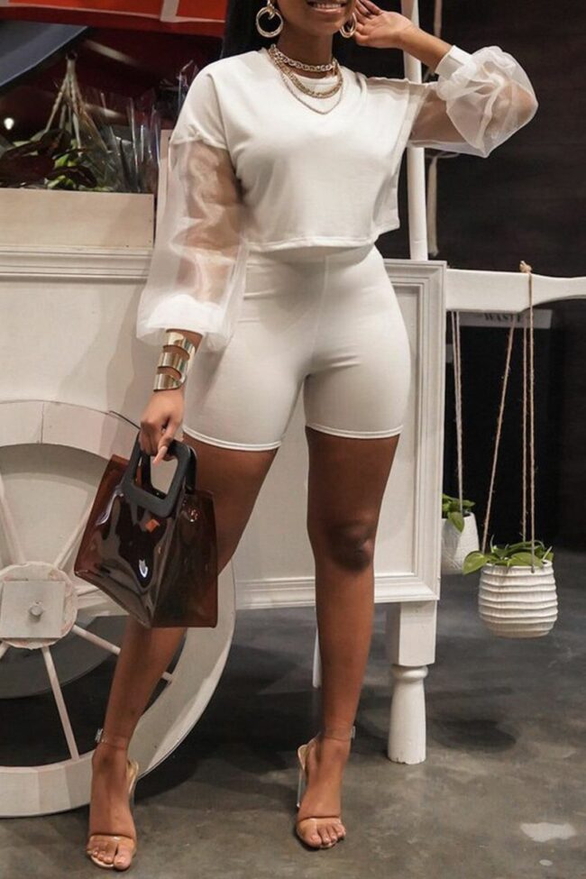 Sexy Solid Mesh Long Sleeve Two Pieces
