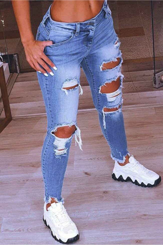 Fashion Casual Solid Ripped Low Waist Regular Jeans