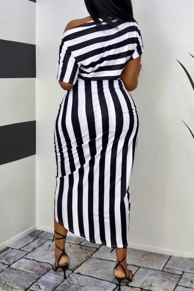Casual Striped Split Joint One Shoulder Short Sleeve Two Pieces