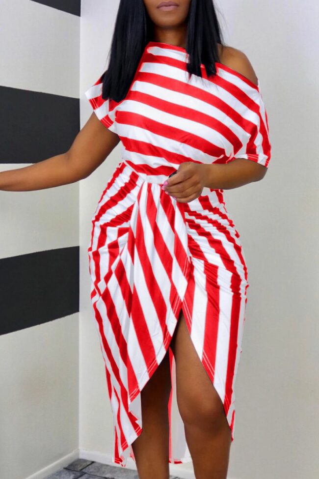 Casual Striped Split Joint One Shoulder Short Sleeve Two Pieces