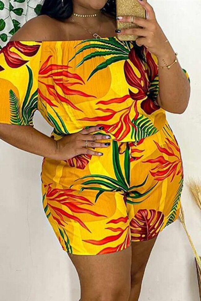 Fashion Casual Print Basic Off the Shoulder Plus Size Romper