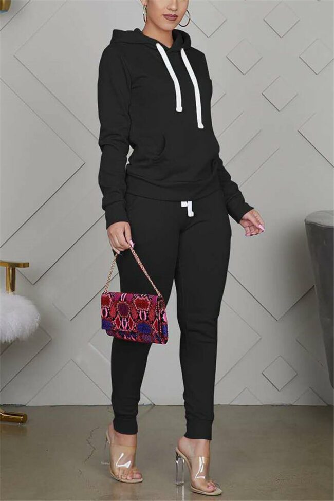 Fashion Casual Long Sleeve Hooded Collar Regular Sleeve Regular Solid Two Pieces