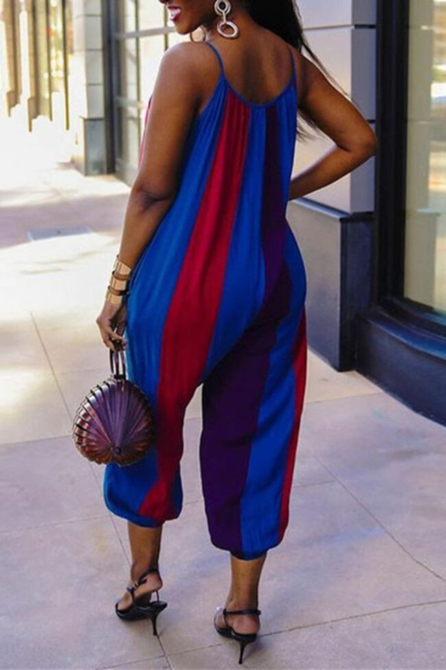 Sexy Casual Striped Print Backless V Neck Regular Jumpsuits