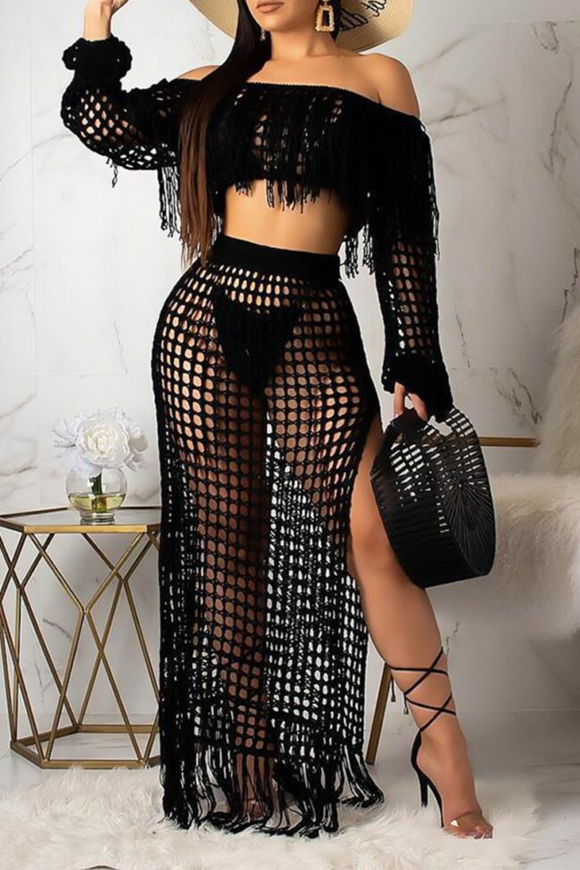 Sexy Pierced See-through Off the Shoulder Long Sleeve Two Pieces