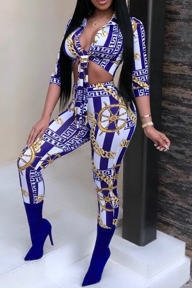 Sexy Print Split Joint Turndown Collar Long Sleeve Two Pieces