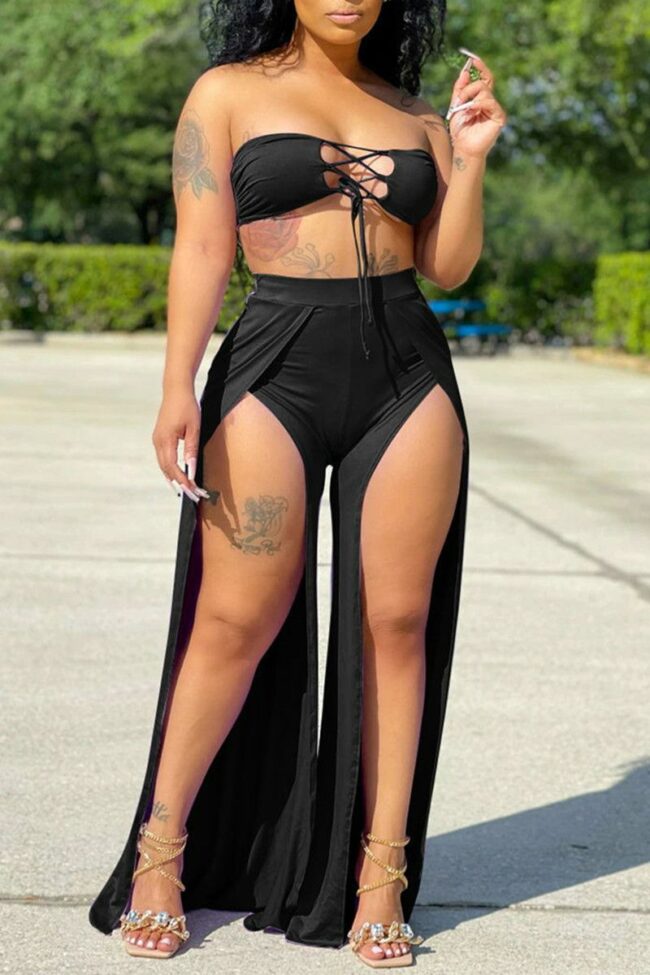 Sexy Solid Hollowed Out Backless Slit Strapless Sleeveless Two Pieces