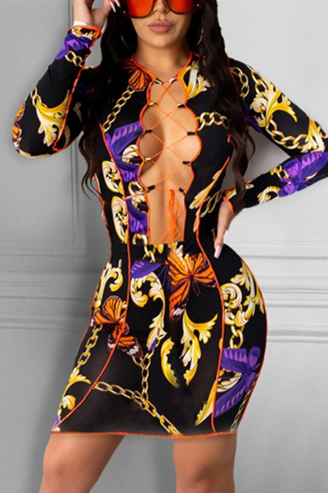Fashion Sexy Print Hollowed Out V Neck Long Sleeve Dress
