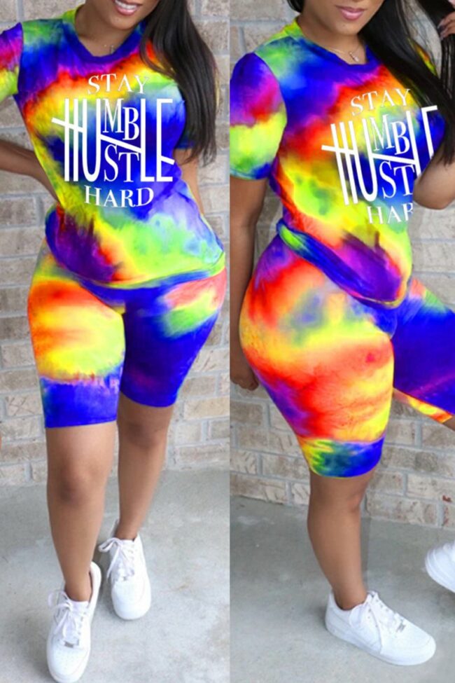 Casual Letter Tie Dye Printing O Neck Short Sleeve Two Pieces