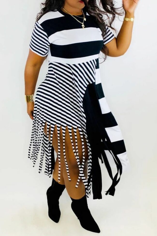 Casual Striped Tassel O Neck A Line Dresses