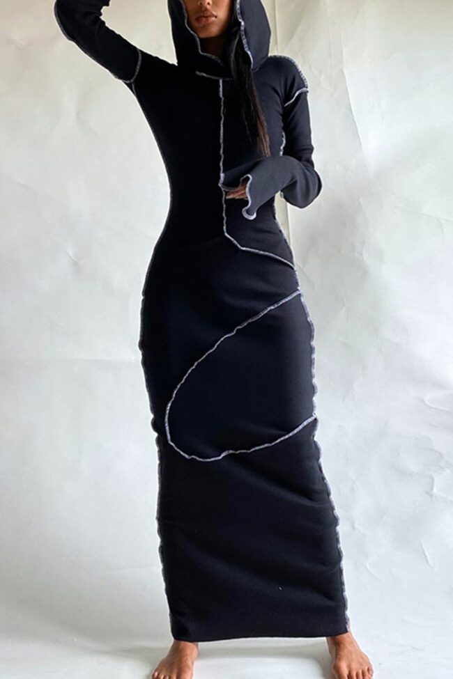 Casual Solid Split Joint Hooded Collar Wrapped Skirt Dresses