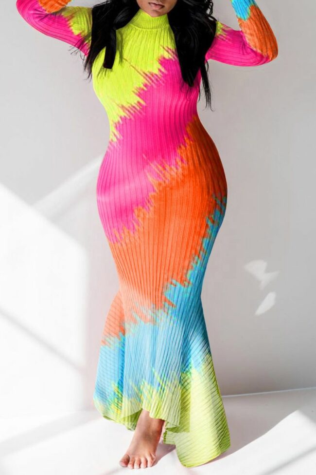 Sexy Print Split Joint Half A Turtleneck Irregular Dress Dresses