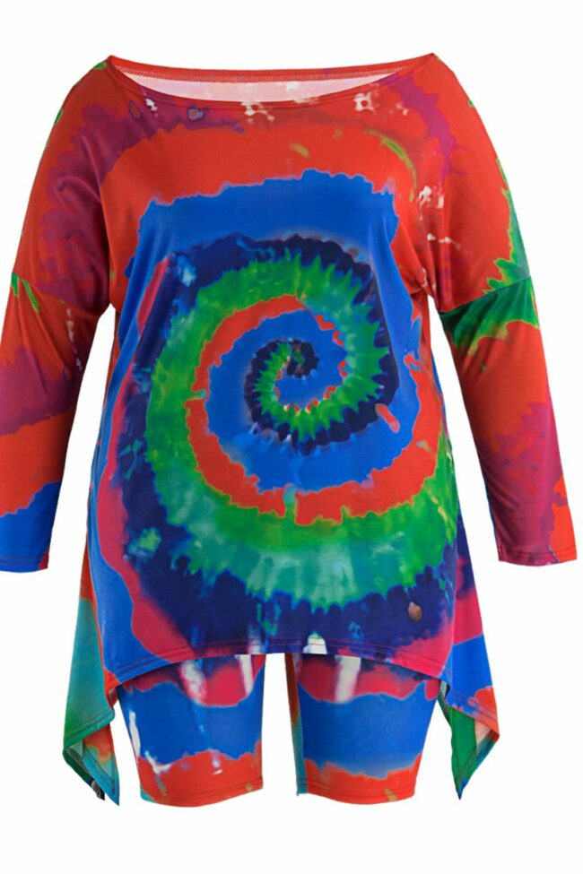 Sexy Patchwork Tie-dye One Shoulder Plus Size Two Pieces Sets