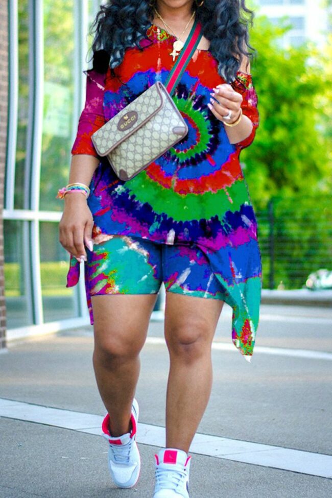 Sexy Patchwork Tie-dye One Shoulder Plus Size Two Pieces Sets