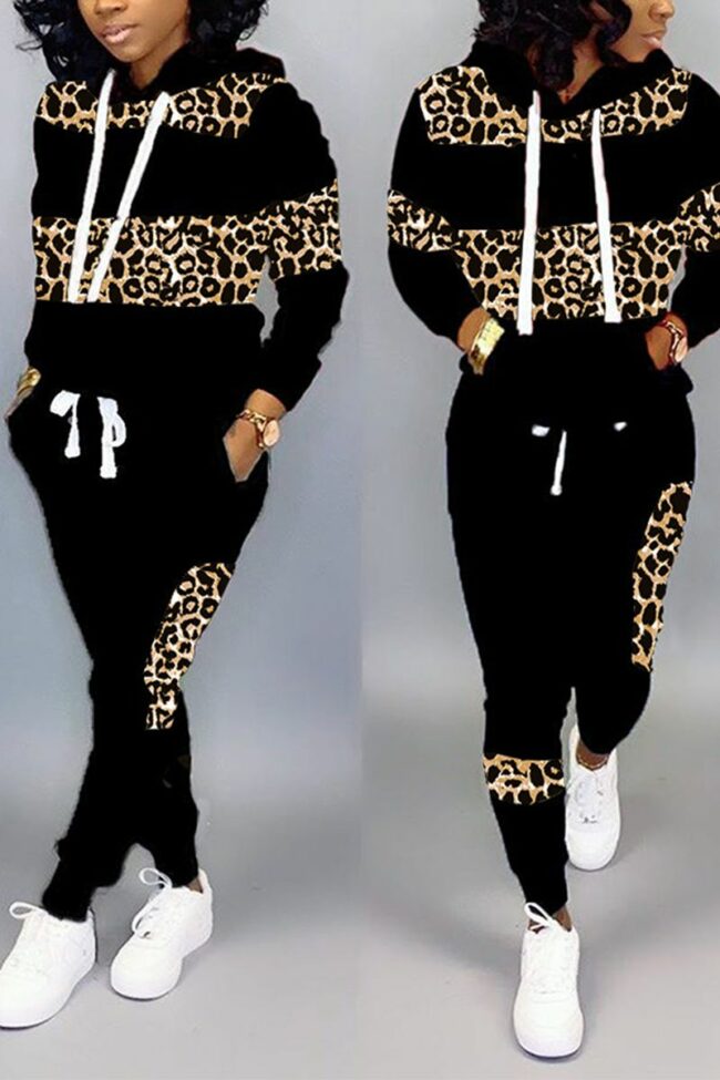 Casual Leopard Camouflage Print Split Joint Hooded Collar Long Sleeve Two Pieces