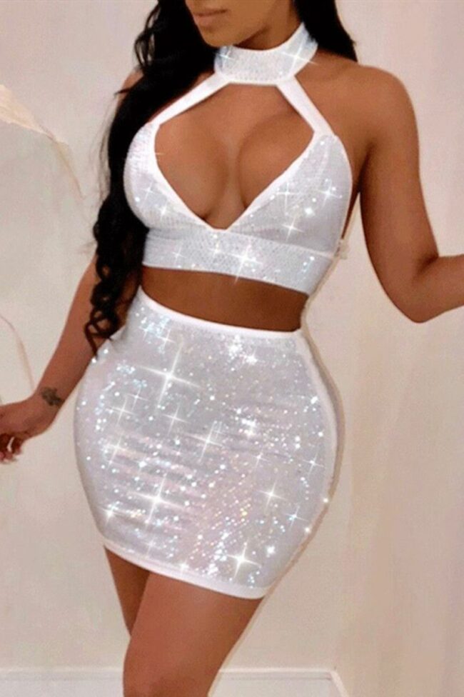 Fashion Sexy Hot Drilling Hollowed Out Backless Halter Sleeveless Two Pieces