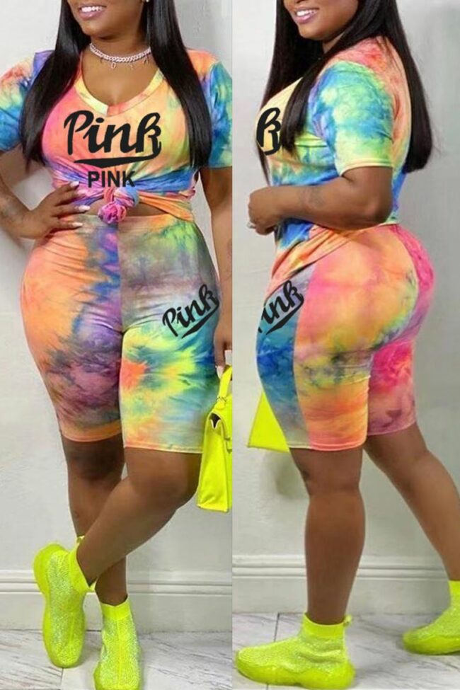 Fashion Casual Letter Print Tie-dye O Neck Short Sleeve Two Pieces