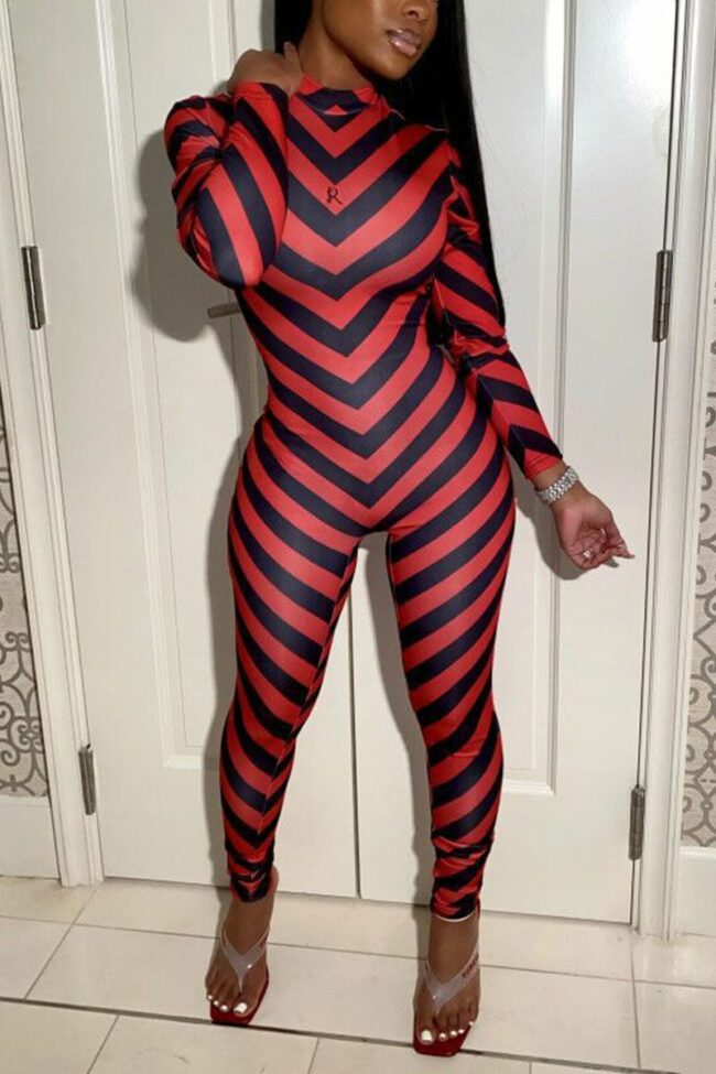 Sexy Striped Print O Neck Regular Jumpsuits