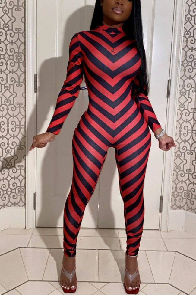 Sexy Striped Print O Neck Regular Jumpsuits