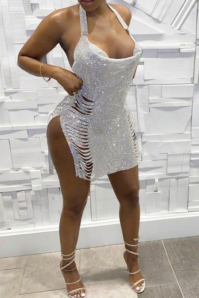 Sexy Ripped Hollowed Out Sequins See-through Backless Slit Halter Mini Dress Dresses