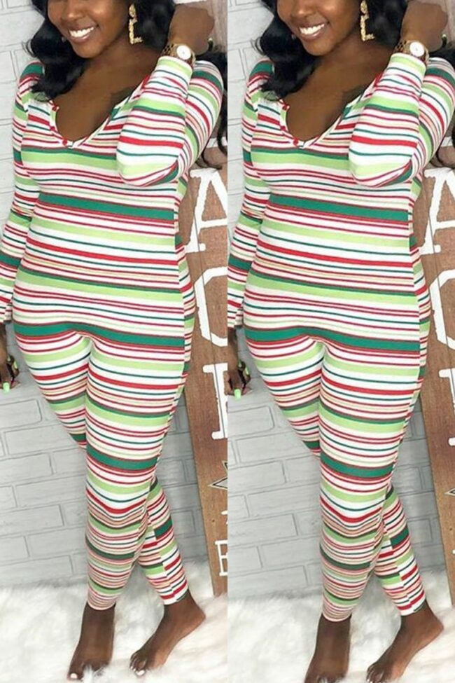 Sexy Striped Polyester Long Sleeve V Neck  Jumpsuits