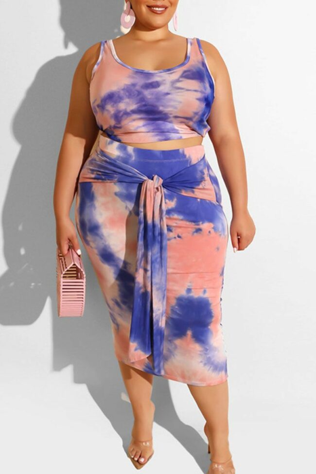 Sexy Print Bandage Two Piece Suits O Neck Plus Size Two Pieces